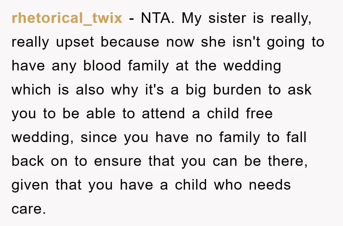 rhetorical_twix − NTA. My sister is really, really upset because now she isn't going to have any blood family at the wedding which is also why it's a big burden...