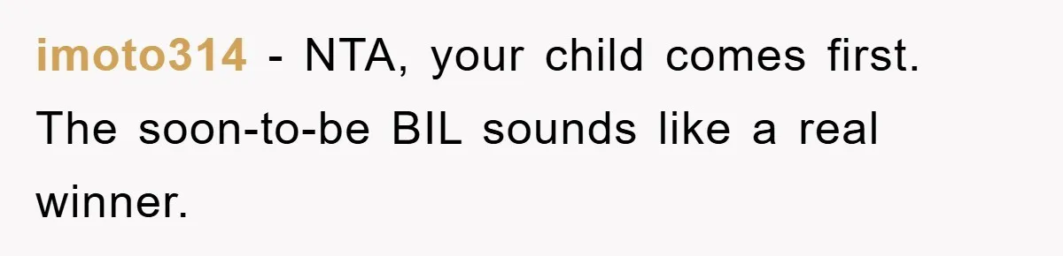 imoto314 − NTA, your child comes first. The soon-to-be BIL sounds like a real winner.