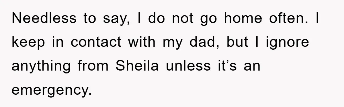Needless to say, I do not go home often. I keep in contact with my dad, but I ignore anything from Sheila unless it’s an emergency.