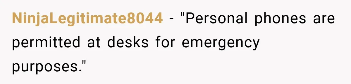 NinjaLegitimate8044 − "Personal phones are permitted at desks for emergency purposes."