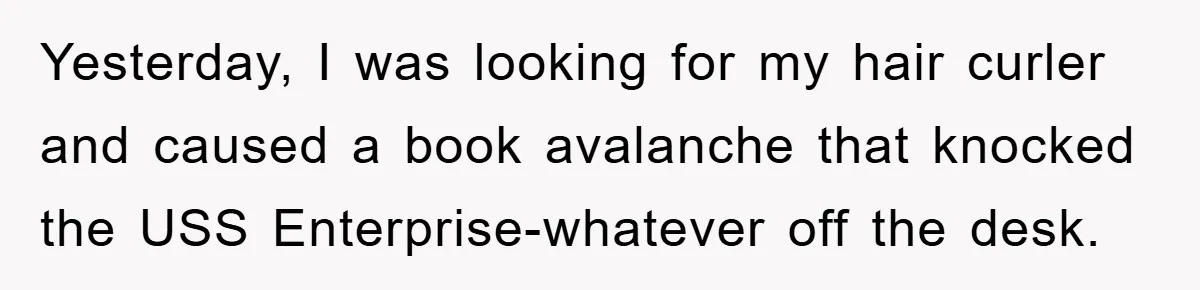Yesterday, I was looking for my hair curler and caused a book avalanche that knocked the USS Enterprise-whatever off the desk.