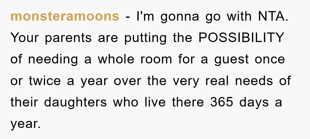 monsteramoons − I'm gonna go with NTA. Your parents are putting the POSSIBILITY of needing a whole room for a guest once or twice a year over the very real...