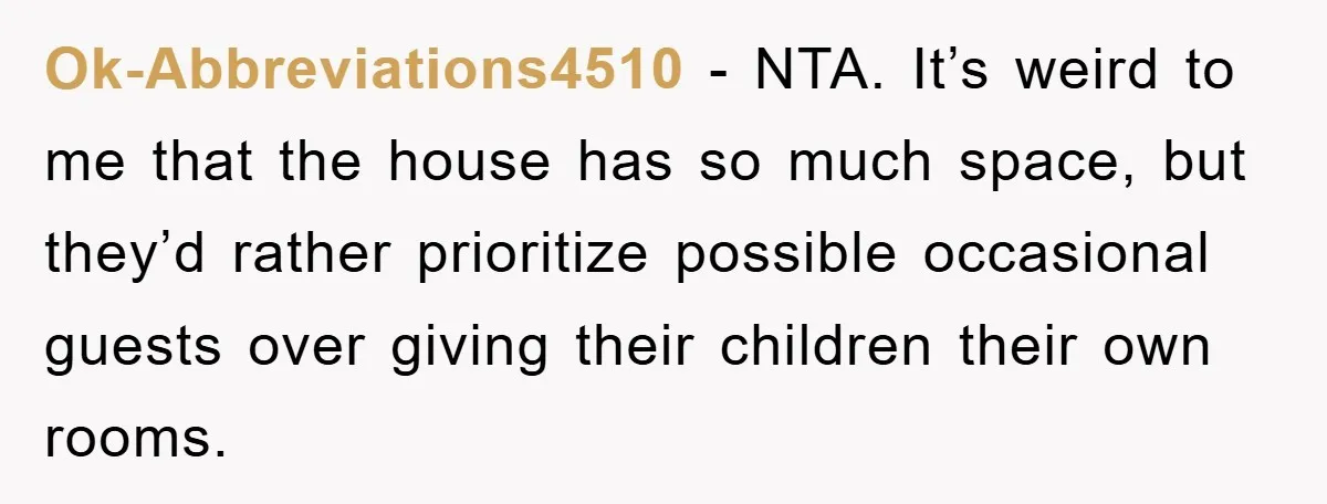 Ok-Abbreviations4510 − NTA. It’s weird to me that the house has so much space, but they’d rather prioritize possible occasional guests over giving their children their own rooms.