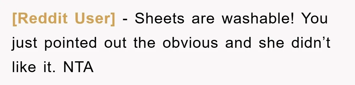 [Reddit User] − Sheets are washable! You just pointed out the obvious and she didn’t like it. NTA
