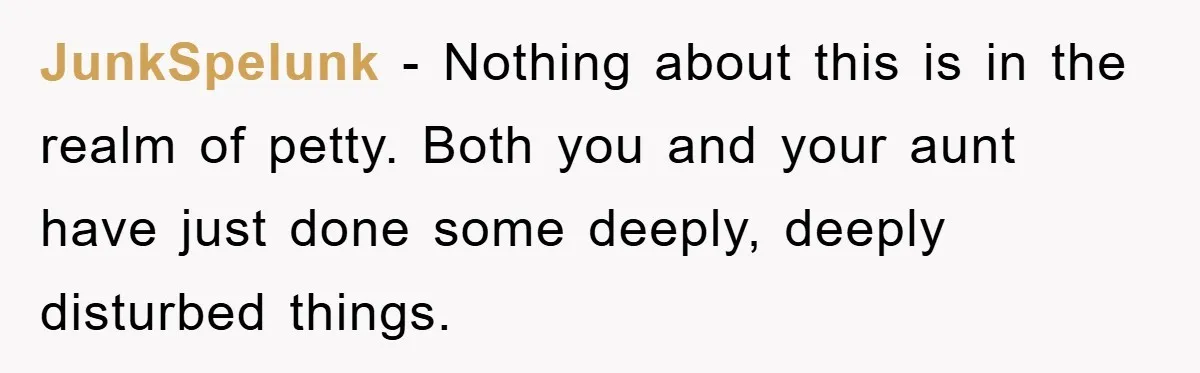 JunkSpelunk − Nothing about this is in the realm of petty. Both you and your aunt have just done some deeply, deeply disturbed things.