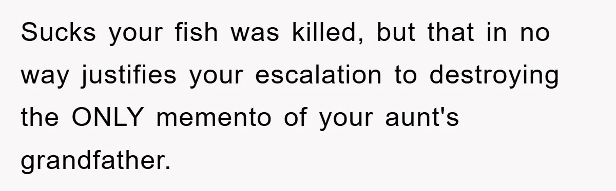 Sucks your fish was killed, but that in no way justifies your escalation to destroying the ONLY memento of your aunt's grandfather.