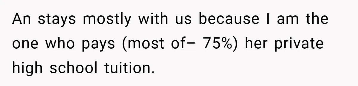 An stays mostly with us because I am the one who pays (most of– 75%) her private high school tuition.