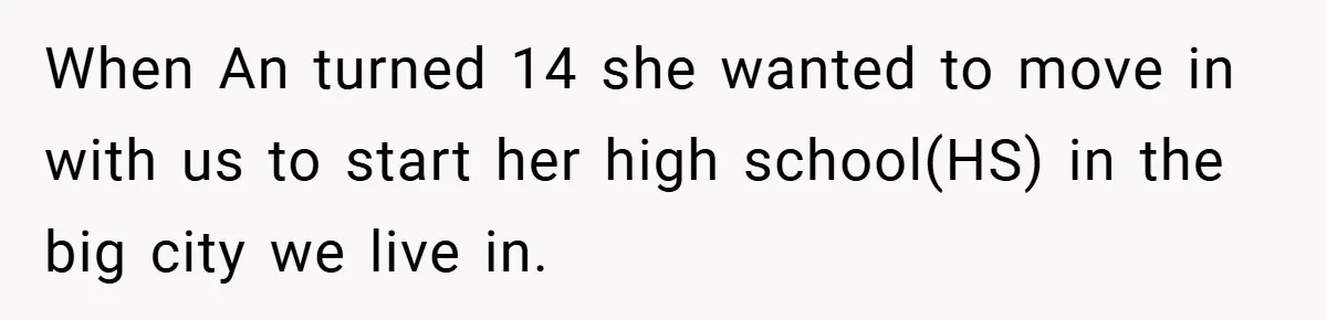 When An turned 14 she wanted to move in with us to start her high school(HS) in the big city we live in.