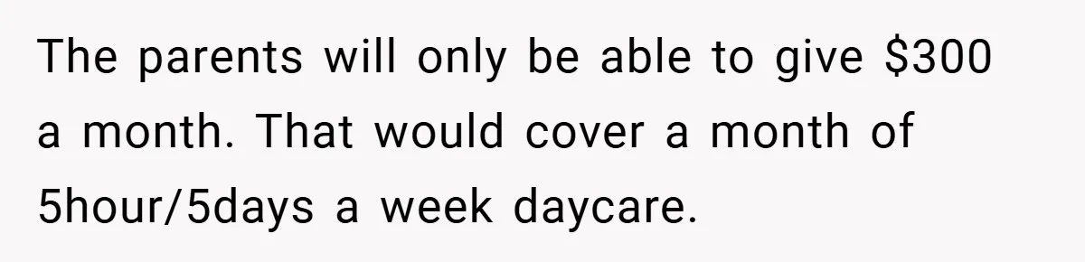 The parents will only be able to give $300 a month. That would cover a month of 5hour/5days a week daycare.
