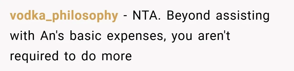 vodka_philosophy − NTA. Beyond assisting with An's basic expenses, you aren't required to do more