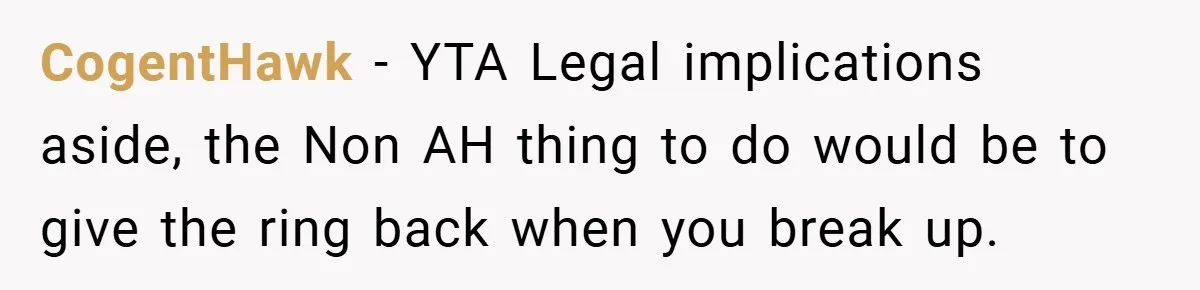CogentHawk − YTA Legal implications aside, the Non AH thing to do would be to give the ring back when you break up.