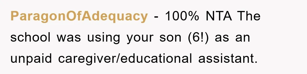ParagonOfAdequacy − 100% NTA The school was using your son (6!) as an unpaid caregiver/educational assistant.
