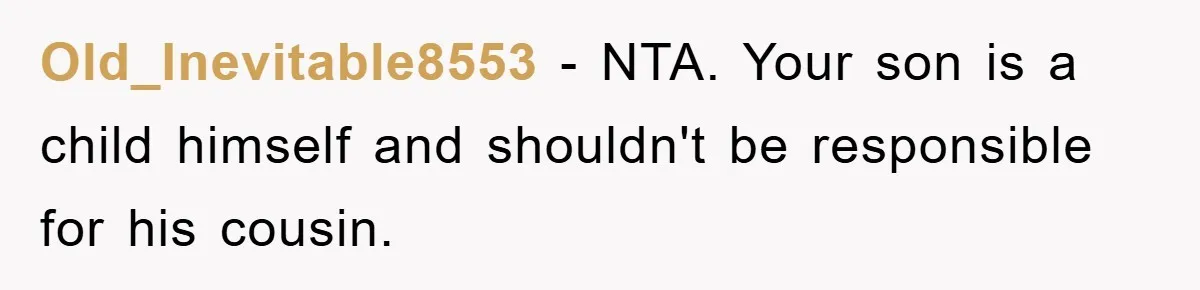 Old_Inevitable8553 − NTA. Your son is a child himself and shouldn't be responsible for his cousin.