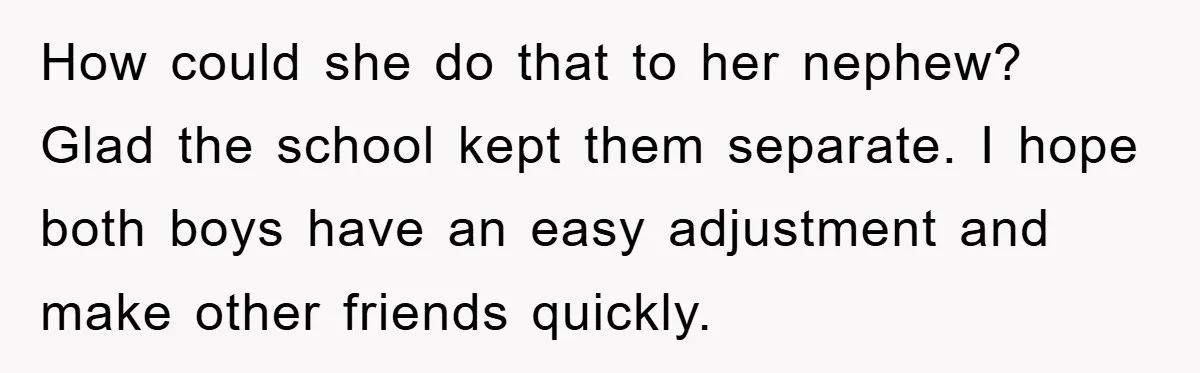 How could she do that to her nephew? Glad the school kept them separate. I hope both boys have an easy adjustment and make other friends quickly.