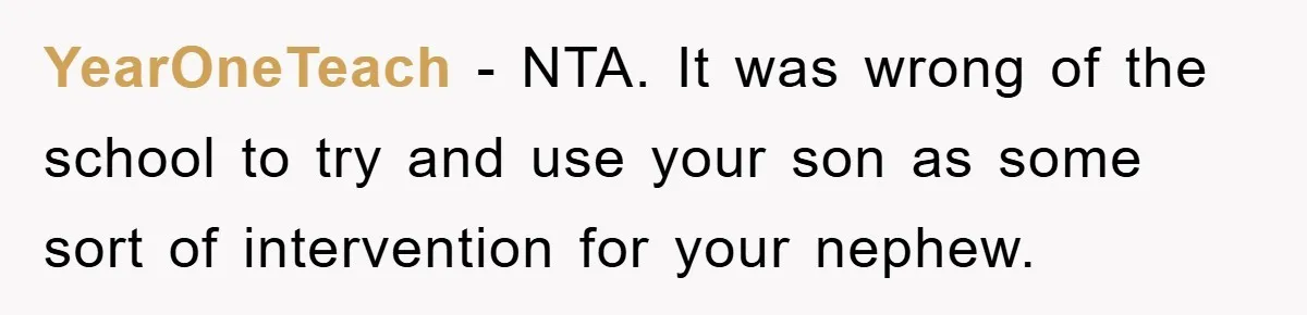 YearOneTeach − NTA. It was wrong of the school to try and use your son as some sort of intervention for your nephew.