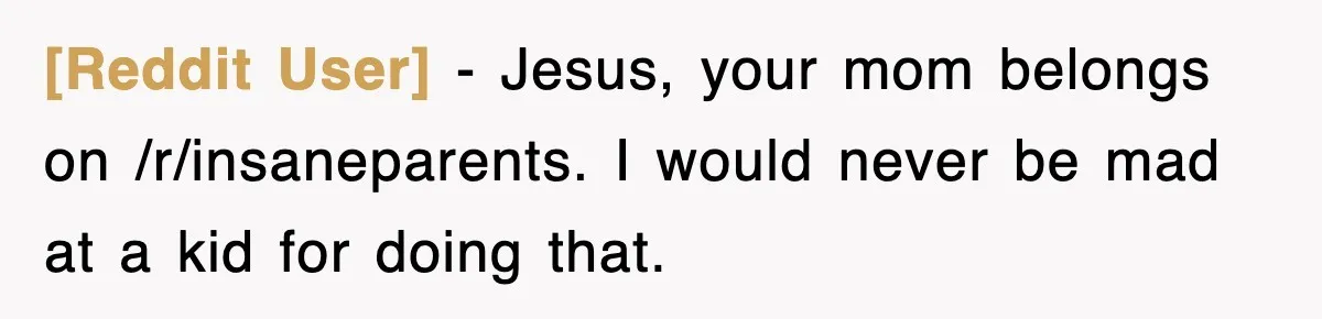[Reddit User] − Jesus, your mom belongs on /r/insaneparents. I would never be mad at a kid for doing that.