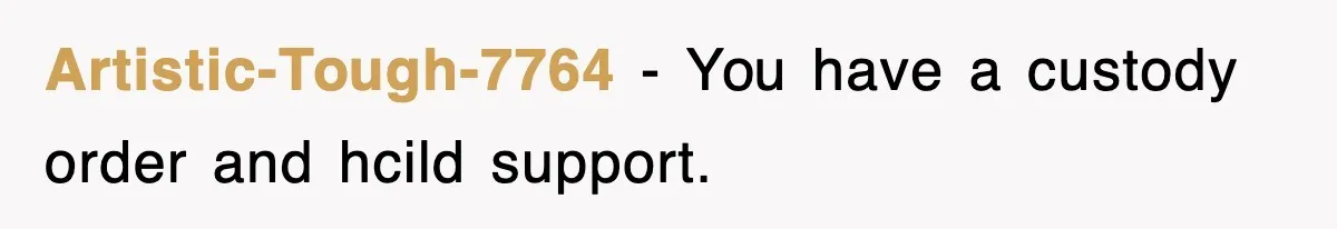 Artistic-Tough-7764 − You have a custody order and hcild support.