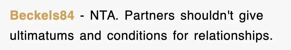 Beckels84 − NTA. Partners shouldn't give ultimatums and conditions for relationships.