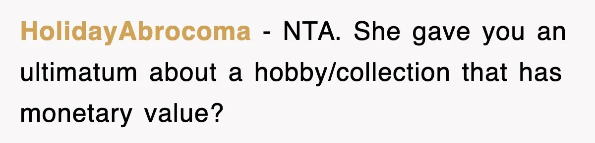 HolidayAbrocoma − NTA. She gave you an ultimatum about a hobby/collection that has monetary value?