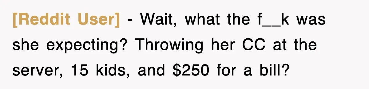 [Reddit User] − Wait, what the f__k was she expecting? Throwing her CC at the server, 15 kids, and $250 for a bill?