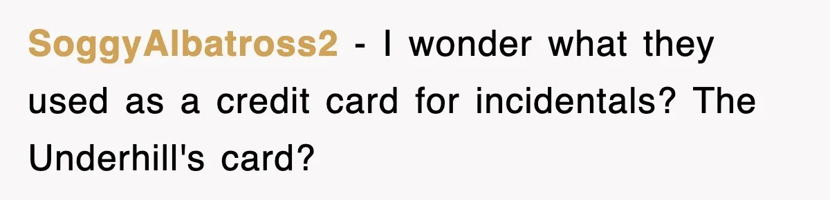 SoggyAlbatross2 − I wonder what they used as a credit card for incidentals? The Underhill's card?