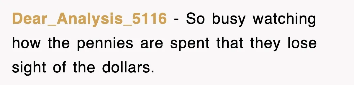 Dear_Analysis_5116 − So busy watching how the pennies are spent that they lose sight of the dollars.