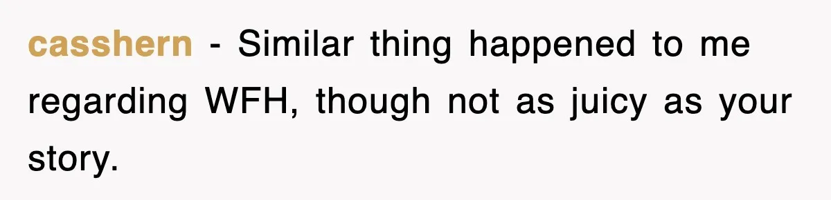 casshern − Similar thing happened to me regarding WFH, though not as juicy as your story.