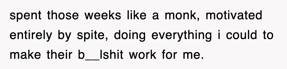 spent those weeks like a monk, motivated entirely by spite, doing everything i could to make their b__lshit work for me.