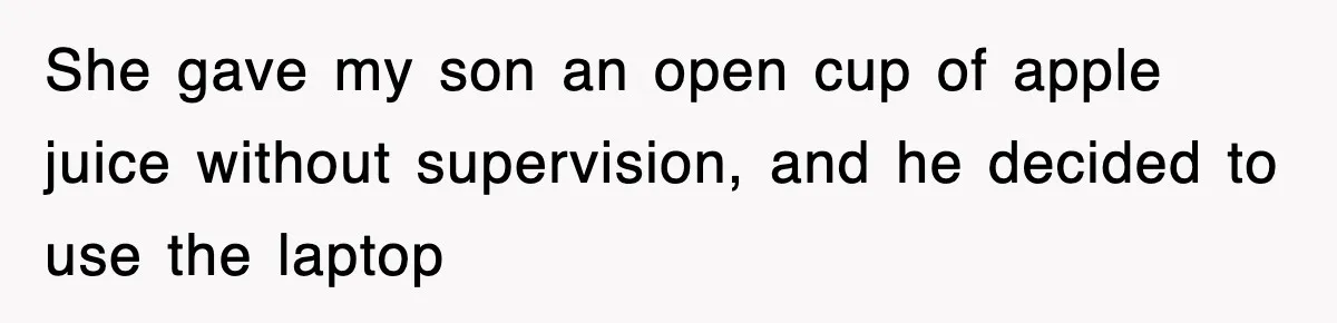 She gave my son an open cup of apple juice without supervision, and he decided to use the laptop