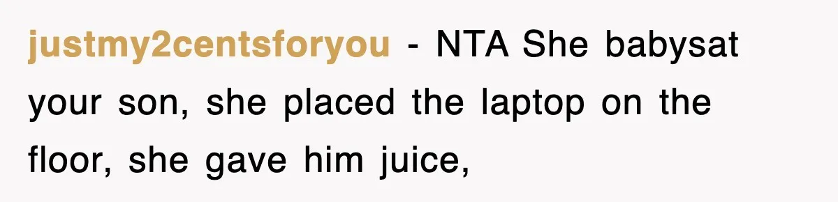 justmy2centsforyou − NTA She babysat your son, she placed the laptop on the floor, she gave him juice,