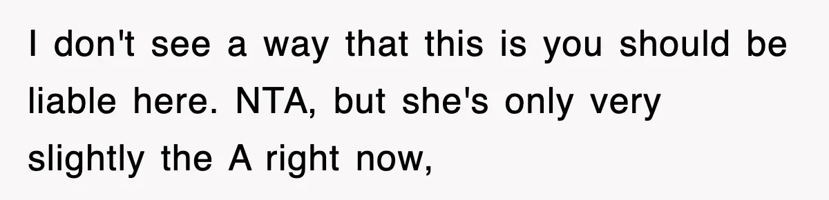 I don't see a way that this is you should be liable here. NTA, but she's only very slightly the A right now,