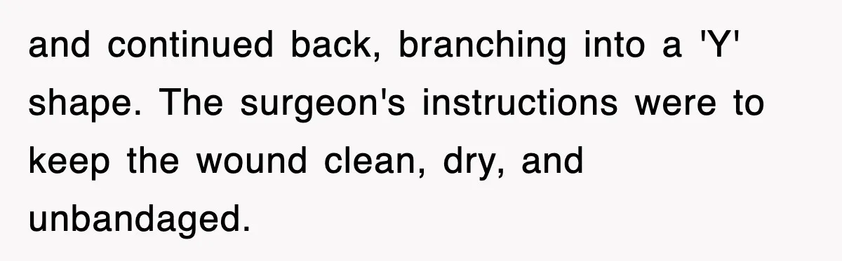 Teen Shows Up To Class With Fresh Stitches From A Brutal Car Accident, Teacher Insists No Hats, Chaos Ensues and continued back, branching into a 'Y' shape. The surgeon's instructions were to keep the wound clean, dry, and unbandaged.