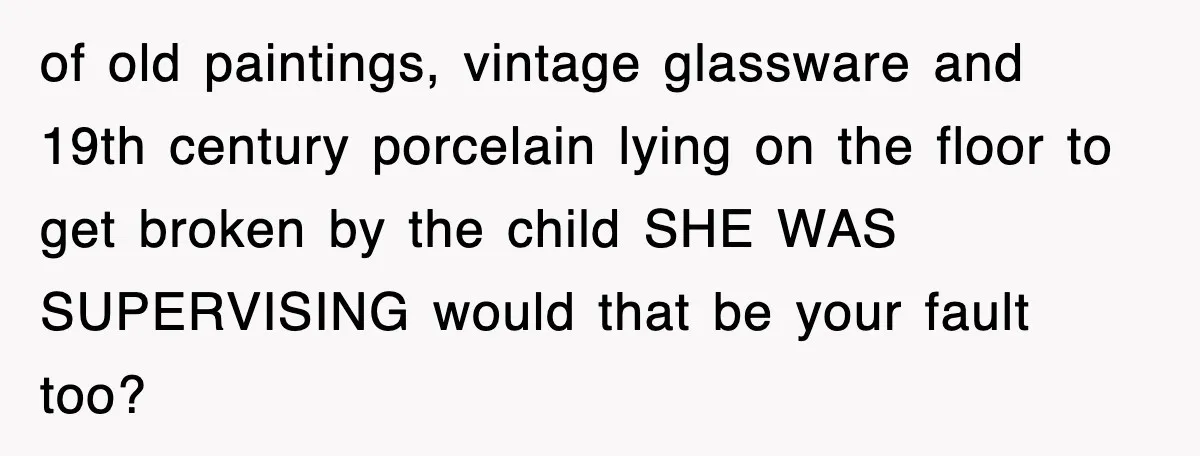 of old paintings, vintage glassware and 19th century porcelain lying on the floor to get broken by the child SHE WAS SUPERVISING would that be your fault too?