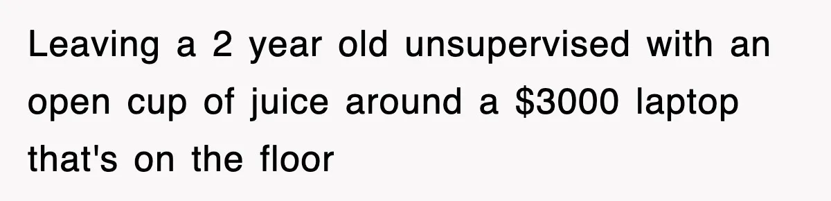 Leaving a 2 year old unsupervised with an open cup of juice around a $3000 laptop that's on the floor
