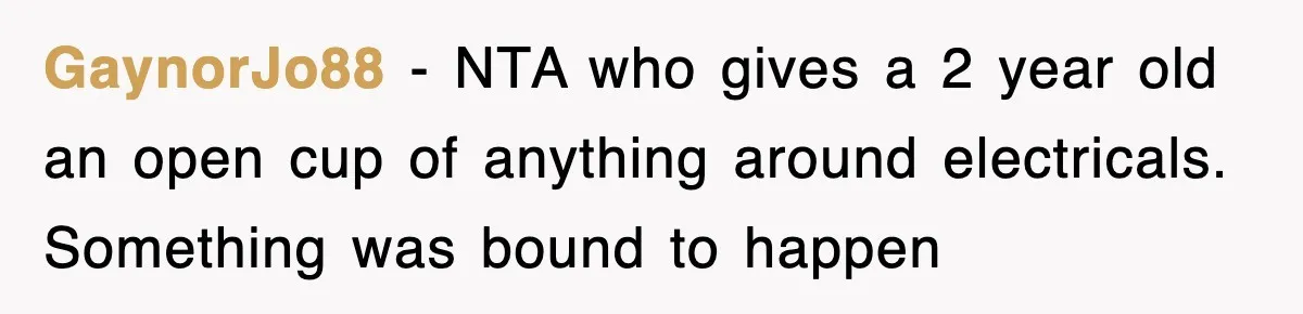 GaynorJo88 − NTA who gives a 2 year old an open cup of anything around electricals. Something was bound to happen