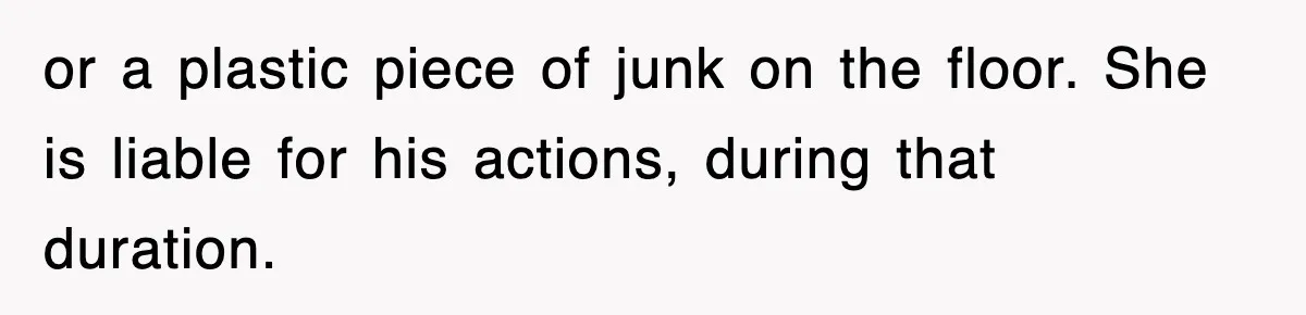or a plastic piece of junk on the floor. She is liable for his actions, during that duration.