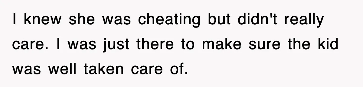 I knew she was cheating but didn't really care. I was just there to make sure the kid was well taken care of.