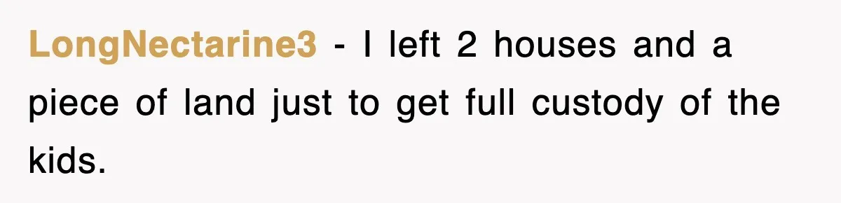 LongNectarine3 − I left 2 houses and a piece of land just to get full custody of the kids.