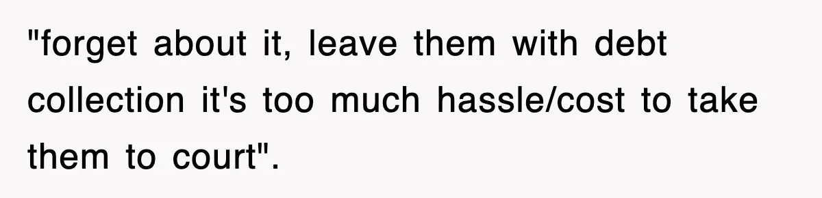 "forget about it, leave them with debt collection it's too much hassle/cost to take them to court".
