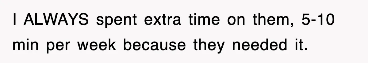 Student’s Mom Accuses Her Of ‘Stealing Time,’ So Piano Teacher Brings A Timer And Teaches Her A Lesson I ALWAYS spent extra time on them, 5-10 min per week because they needed it.