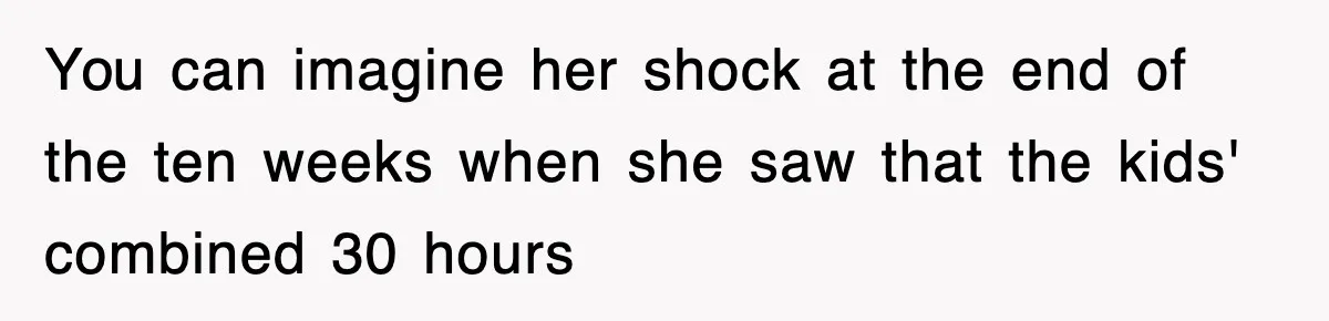 Student’s Mom Accuses Her Of ‘Stealing Time,’ So Piano Teacher Brings A Timer And Teaches Her A Lesson You can imagine her shock at the end of the ten weeks when she saw that the kids' combined 30 hours