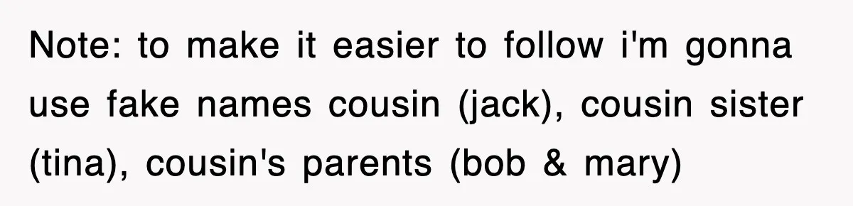 Note: to make it easier to follow i'm gonna use fake names cousin (jack), cousin sister (tina), cousin's parents (bob & mary)