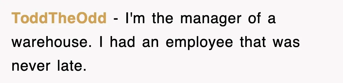 ToddTheOdd − I'm the manager of a warehouse. I had an employee that was never late.