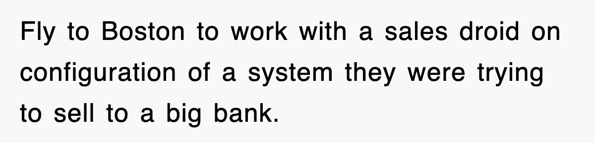 Fly to Boston to work with a sales droid on configuration of a system they were trying to sell to a big bank.