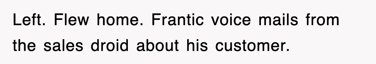 Left. Flew home. Frantic voice mails from the sales droid about his customer.
