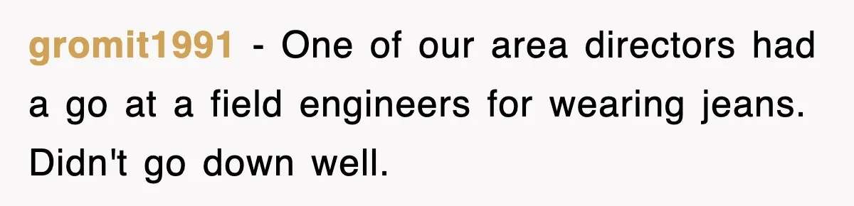 gromit1991 − One of our area directors had a go at a field engineers for wearing jeans. Didn't go down well.