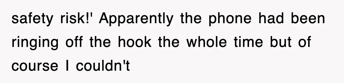 safety risk!' Apparently the phone had been ringing off the hook the whole time but of course I couldn't