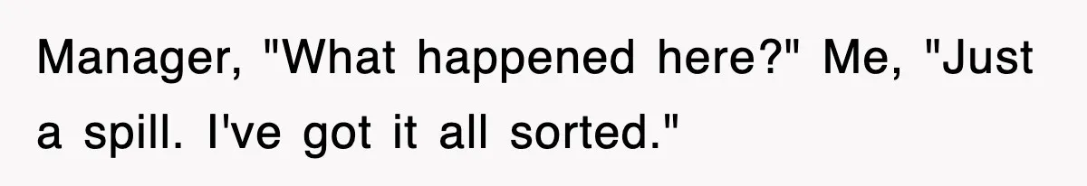 Manager, "What happened here?" Me, "Just a spill. I've got it all sorted."