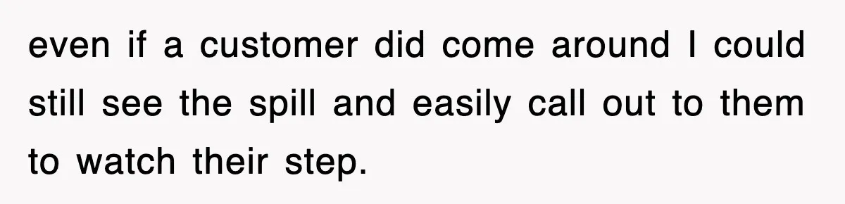 even if a customer did come around I could still see the spill and easily call out to them to watch their step.