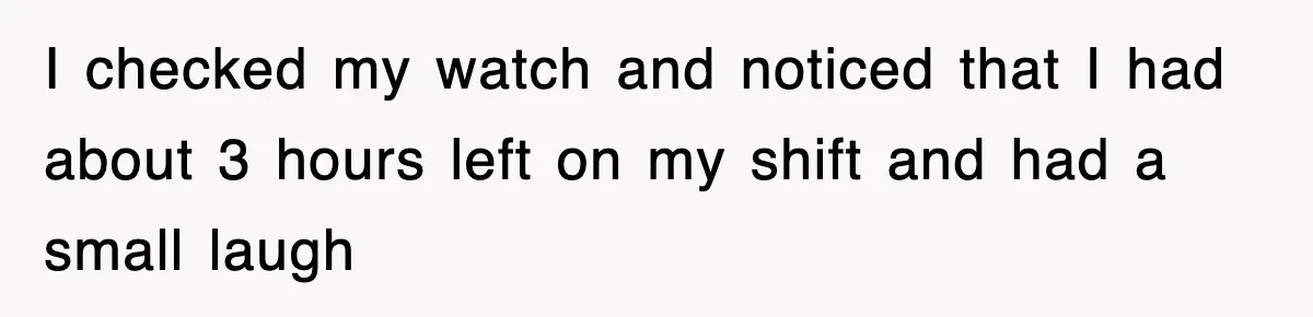 I checked my watch and noticed that I had about 3 hours left on my shift and had a small laugh